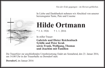 Traueranzeige von Hilde Ortmann von Südthüringer Presse