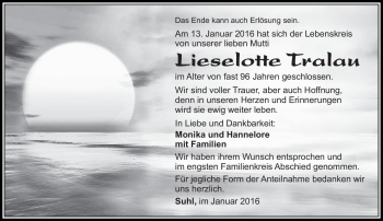 Traueranzeige von Lieselotte Tralau von Südthüringer Presse