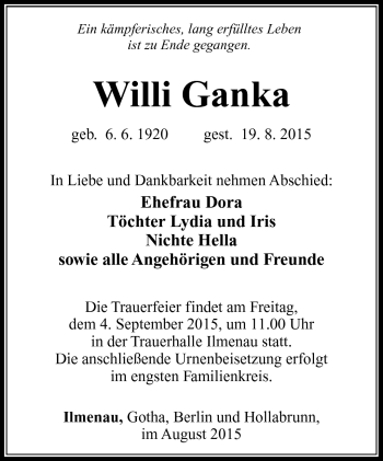 Traueranzeige von Willi Ganka von Südthüringer Presse