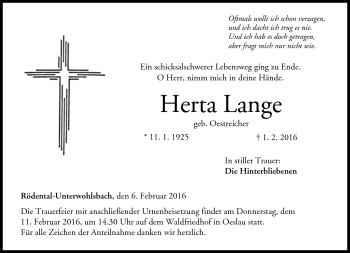 Traueranzeige von Herta Lange von Neue Presse Coburg