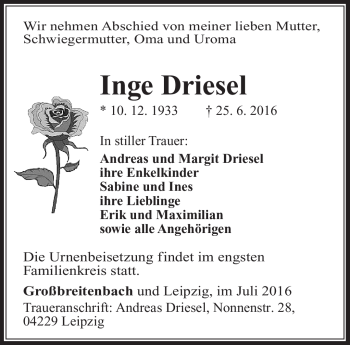 Traueranzeige von Inge Driesel von Südthüringer Presse