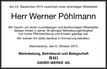 Traueranzeige von Werner Pöhlmann von Frankenpost