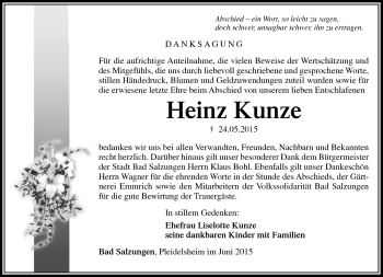 Traueranzeige von Heinz Kunze von Südthüringer Presse