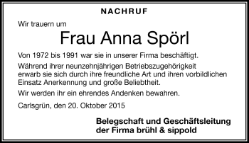 Traueranzeige von Anna Spörl von Frankenpost
