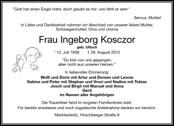Traueranzeige von Ingeborg Kosczor von Frankenpost