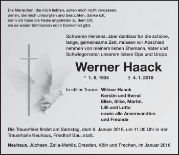 Traueranzeige von Werner Haack von Südthüringer Presse