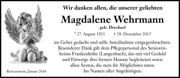 Traueranzeige von Magdalene Wehrmann von Frankenpost