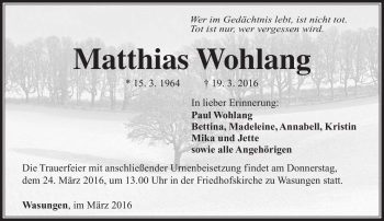 Traueranzeige von Matthias Wohlang von Südthüringer Presse