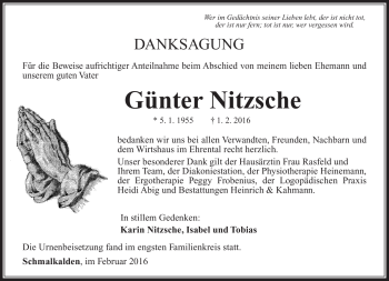 Traueranzeige von Günter Nitzsche von Südthüringer Presse