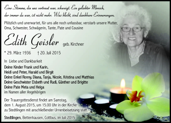 Traueranzeige von Edith Geisler von Südthüringer Presse