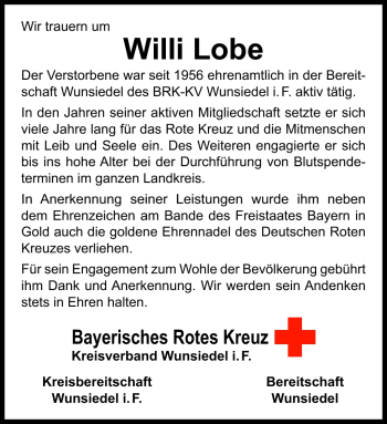 Traueranzeige von Willi Lobe von Frankenpost
