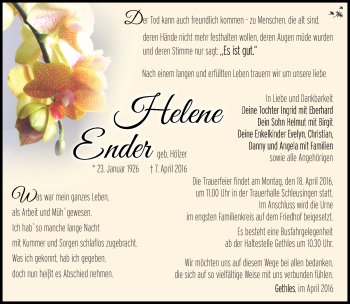 Traueranzeige von Helene Ender von Südthüringer Presse