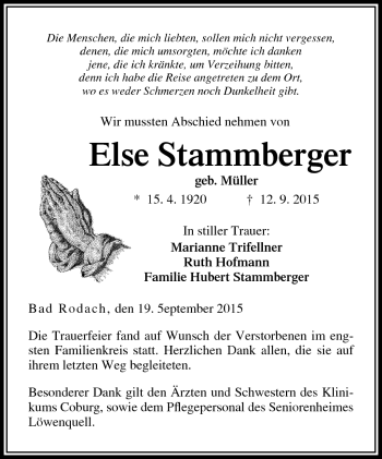 Traueranzeige von Else Stammberger von Neue Presse Coburg