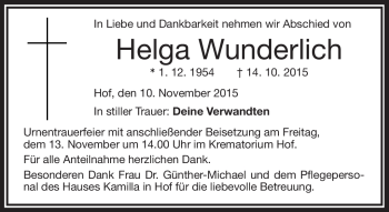 Traueranzeige von Helga Wunderlich von Frankenpost