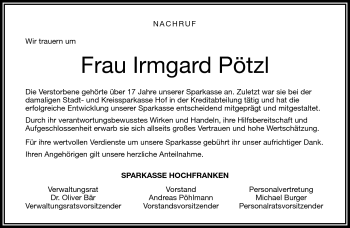 Traueranzeige von Irmgard Pötzl von Frankenpost
