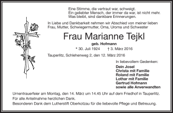 Traueranzeige von Marianne Tejkl von Frankenpost