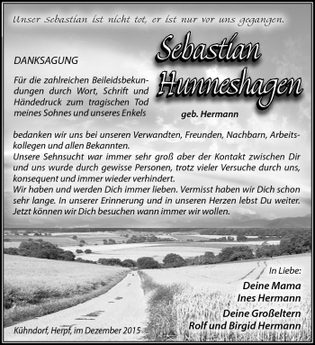 Traueranzeige von Sebastian Hunneshagen von Südthüringer Presse