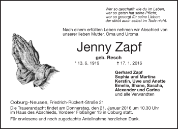 Traueranzeige von Jenny Zapf von Neue Presse Coburg