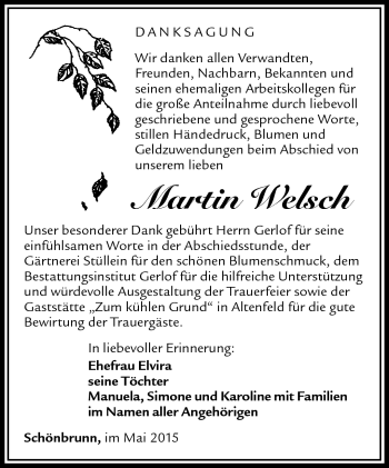 Traueranzeige von Martin Welsch von Südthüringer Presse