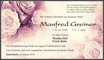 Traueranzeige von Manfred Greiner von Südthüringer Presse