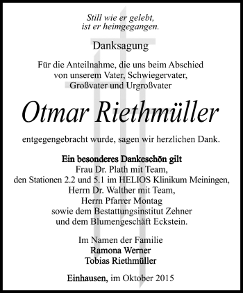 Traueranzeige von Otmar Riethmüller von Südthüringer Presse