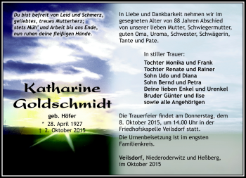 Traueranzeige von Katharine Goldschmidt von Südthüringer Presse
