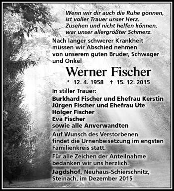 Traueranzeige von Werner Fischer von Südthüringer Presse