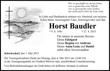 Traueranzeige von Horst Baudler von Neue Presse Coburg
