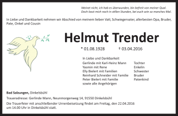 Traueranzeige von Helmut Trender von Südthüringer Presse