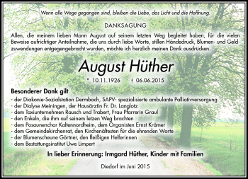 Traueranzeige von August Hüther von Südthüringer Presse