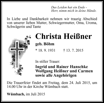 Traueranzeige von Christa Heißner von Südthüringer Presse