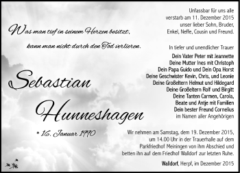 Traueranzeige von Sebastian Hunneshagen von Südthüringer Presse