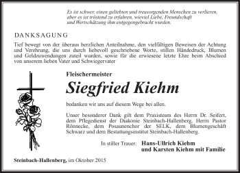 Traueranzeige von Siegfried Kiehm von Südthüringer Presse