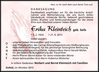 Traueranzeige von Erika Kleinteich von Südthüringer Presse