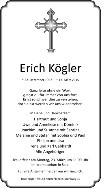 Traueranzeige von Erich Kögler von Frankenpost