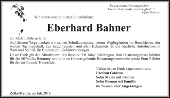 Traueranzeige von Eberhard BAhner von Südthüringer Presse