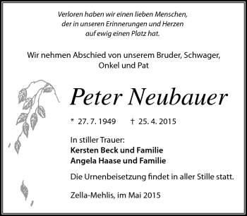 Traueranzeige von Peter Neubauer von Südthüringer Presse