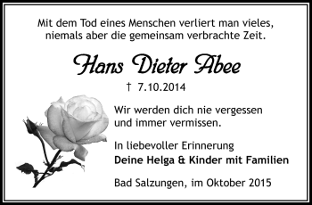 Traueranzeige von Hans Dieter Abee von Südthüringer Presse