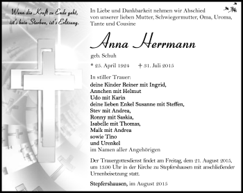Traueranzeige von Anna Herrmann von Südthüringer Presse