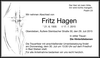 Traueranzeige von Fritz Hagen von Frankenpost