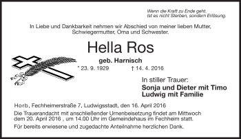Traueranzeige von Hella Ross von Neue Presse Coburg