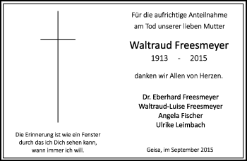 Traueranzeige von Waltraud Freesmeyer von Südthüringer Presse