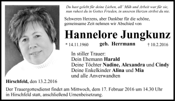 Traueranzeige von Hannelore Jungkunz von Neue Presse Coburg