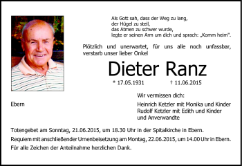Traueranzeige von Dieter Ranz von Neue Presse Coburg