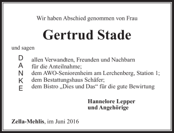 Traueranzeige von Gertrud Stade von Südthüringer Presse