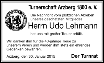 Traueranzeige von Udo Lehmann von Frankenpost