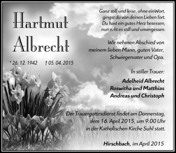 Traueranzeige von Hartmut Albrecht von Südthüringer Presse