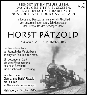 Traueranzeige von Horst Pätzold von Südthüringer Presse