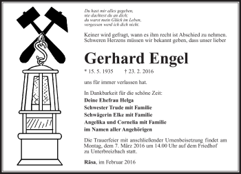 Traueranzeige von Gerhard Engel von Südthüringer Presse