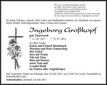 Traueranzeige von Ingeborg Großkopf von Südthüringer Presse